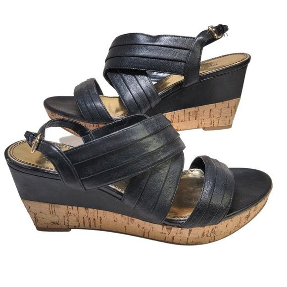 Franco Sarto  Cork Platform Wedge Heel Leather Sandals Black - Picture 1 of 8